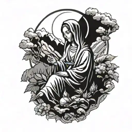 Virgin Mary On Top Of A Mountain With A Halo Around