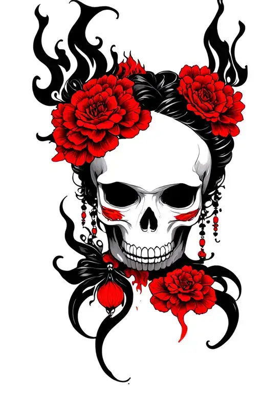 Black And Red Geisha Skull Tattoo With Black Fires