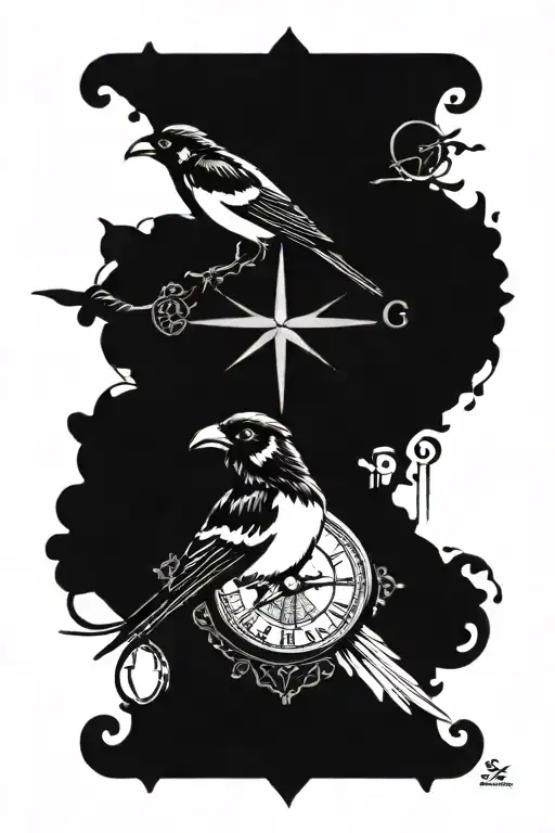 Compass And A Clock With A Magpie Perched