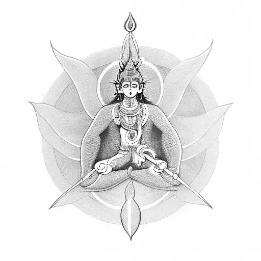 A Blackwork Design Combining Lord Shiva's Trident And Parvati's Lotus