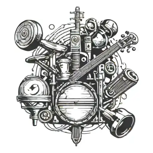 A Tattoo Design Combining Gym Equipment And Musical Instruments