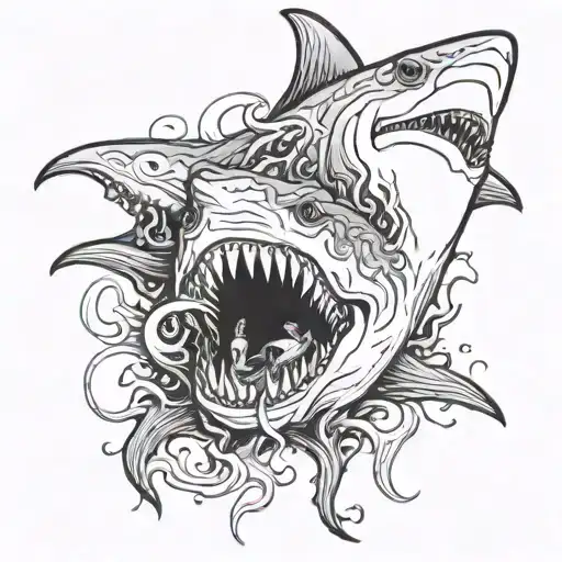 Eldritch Horror Shark With Multiple Heads And Tentacles Exploding From Its Body