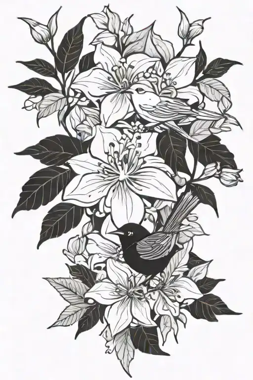 Honeysuckle Flower With Bird And Fall Leaves
