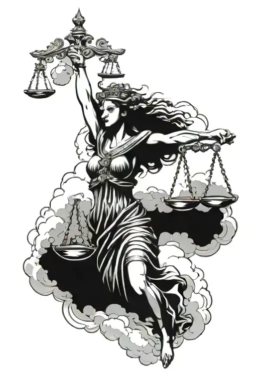 Lady Justice With Sword And Scale With Clouds Behind