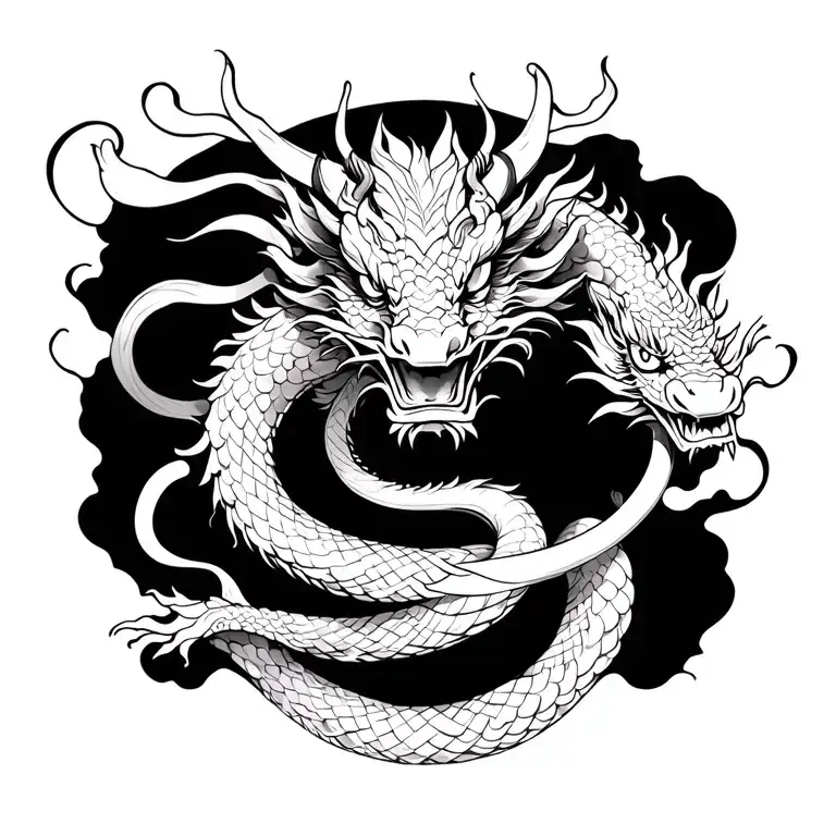 Chinese Dragon Intertwined With A Snake Wrapped