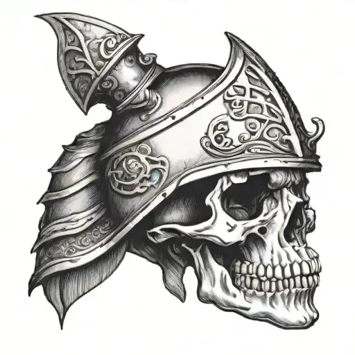 Skull With No Lower Jaw Wearing A Knight Helmet