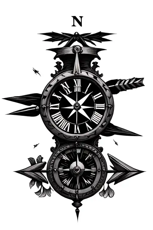 Half Clock Roman Numeral Have Compass With An Arrow Piercing Both Upwards And Across