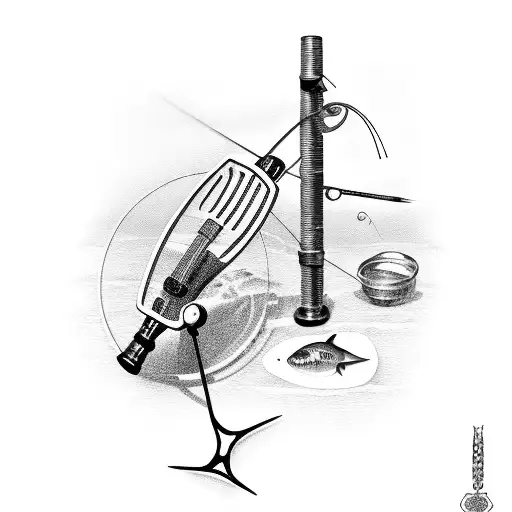 A Detailed Illustration Of A Fishing Rod And Reel Surrounded By Various Cooking Utensils