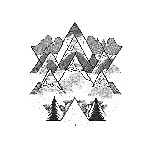 A Blackwork Tattoo Of A Majestic Mountain Range With Hiking Trails