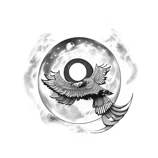 Celestial-themed Tattoo Featuring The Moon With A Black Eagle In Flight