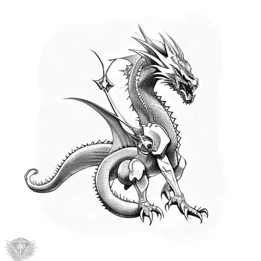 Anime Character Riding A Dragon In A Blackwork Style