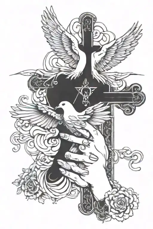 Hands With Cross And Dove Flying