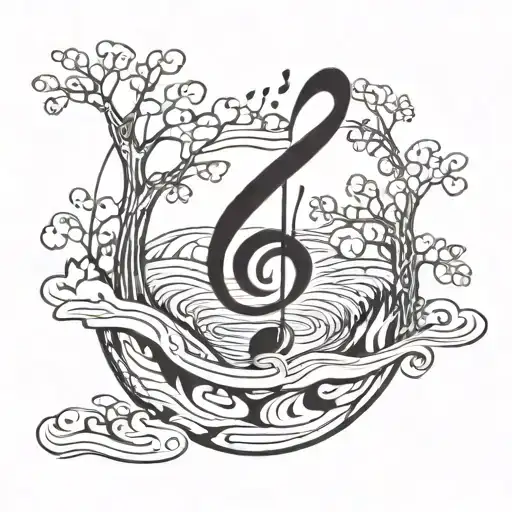 A Music Note Intertwined With A River Flowing Through A Forest