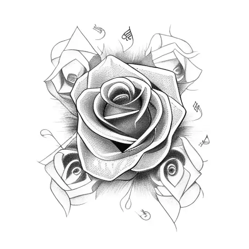 A Blackwork Tattoo Of Drumsticks Forming A Rose Stem With Musical Notes As Petals