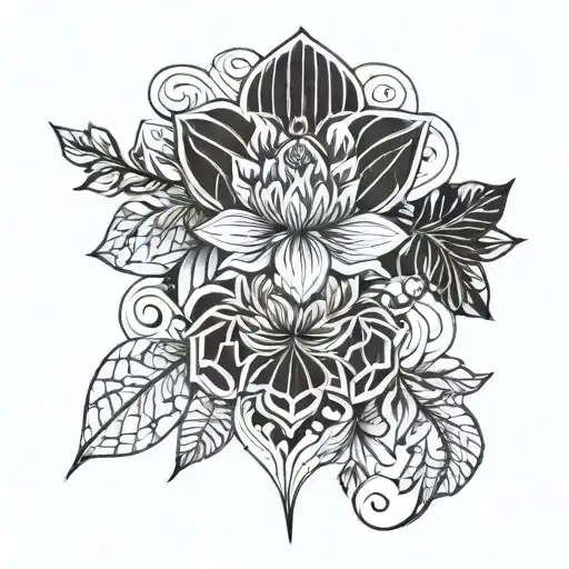 Floral And Geometric Line Art Black