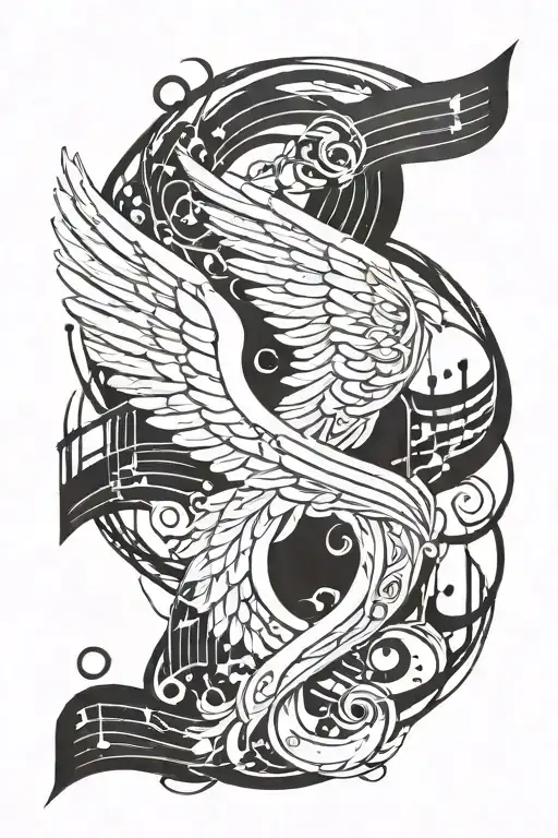 A Surreal Tattoo Design Featuring Musical Notes Intertwining With Angel Wings