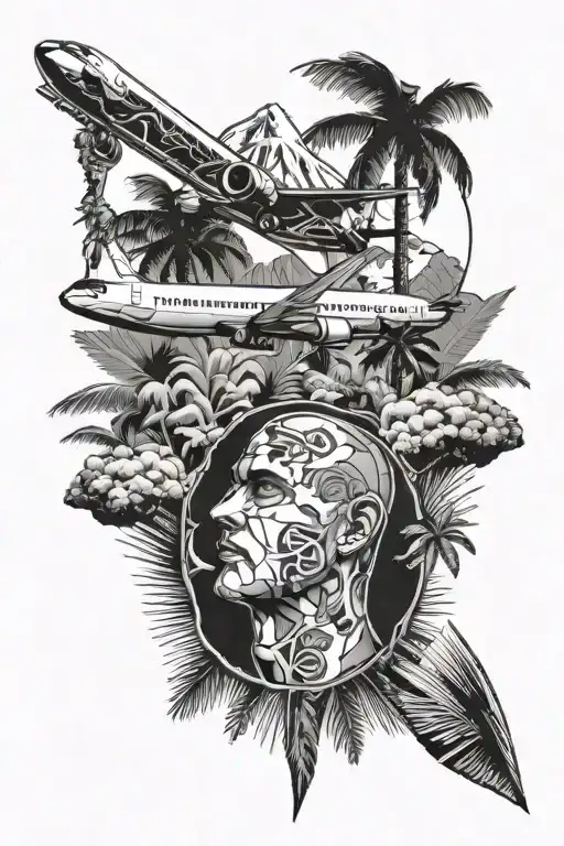 Airplane And Palm Trees And Face With Mountains And Dollars