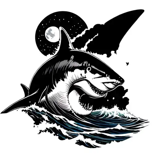 Great White Shark At The Ocean With Wave And The Moon At The Background