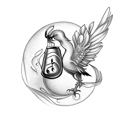 A Whimsical Music-themed Tattoo Featuring A Fenix Bird Playing A Lullaby To A Baby