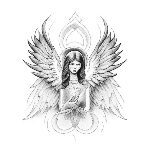 A Blackwork Tattoo Of A Number 94 Surrounded By Angel Wings