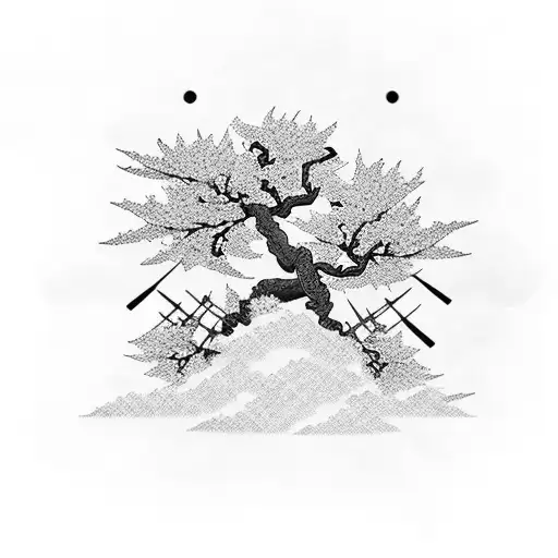 Japanese Cherry Blossom Tree With A Samurai Sword Hidden Among The Branches