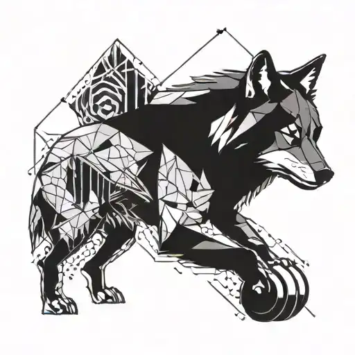 A Geometric Wolf Design Incorporating Elements Of Fitness Equipment Like Dumbbells Or Kettlebells