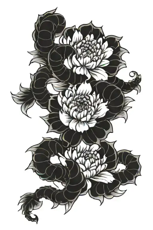 Chrysanthemum Flowers With Snake Intertwined With Red Tips On Flower Pedals