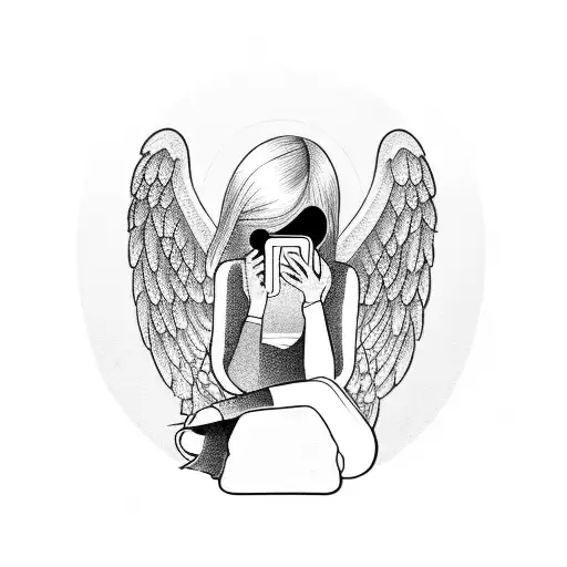 Girl Angel Sits Half-sitting With A Phone That Covers Her Face