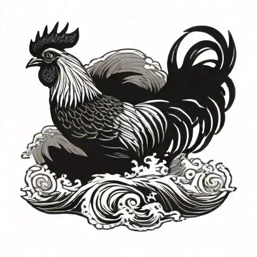 An Intricate Water-themed Tattoo Featuring A Majestic Rooster Sailing On A Ship Through Stormy Waves
