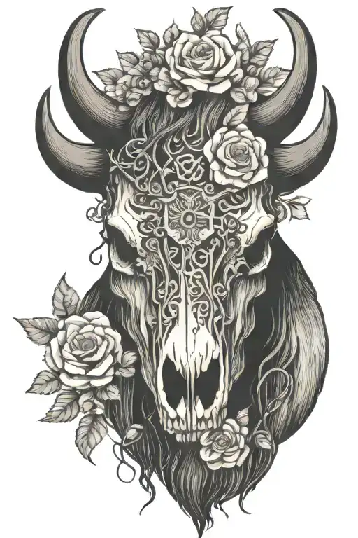 Bison Skull With Horns And Vines And Flowers