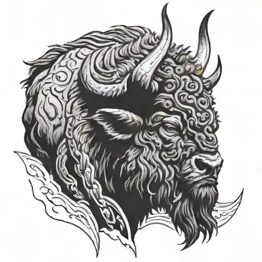 Head Of Bison Warrior With Horns Facing The Storm