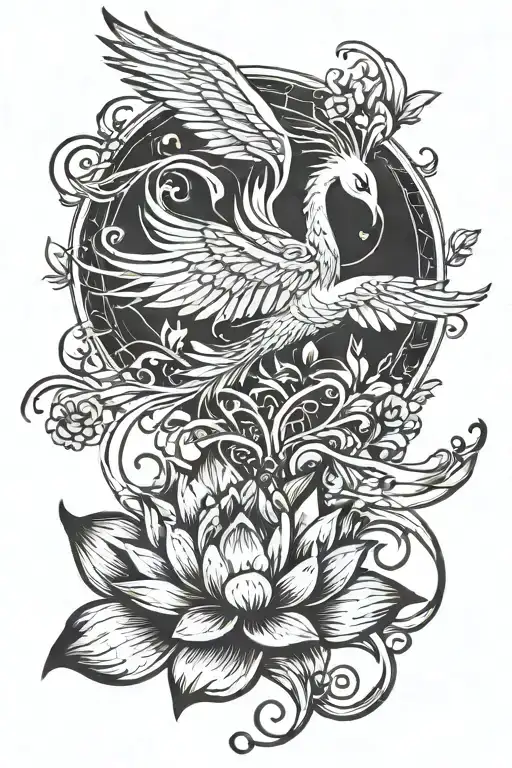Phoenix Rising From Lotus Flower Feature Delicate Ribbons Fine Line Detail