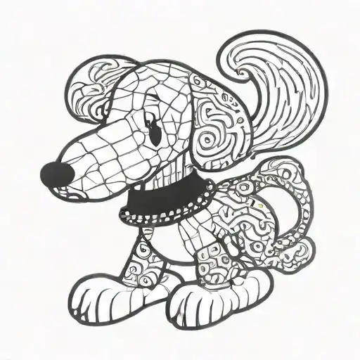 A Minimalist Blackwork Tattoo Of Snoopy Wearing A Jeweled Collar