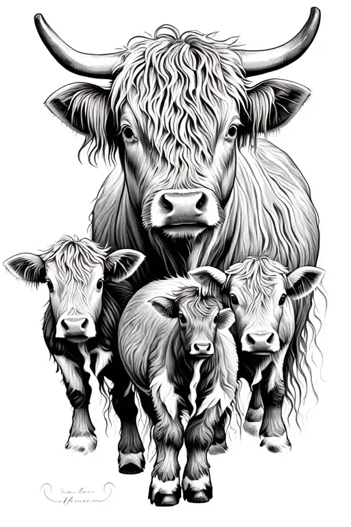 Mother Highland Cow With Two Baby Cows Together 1