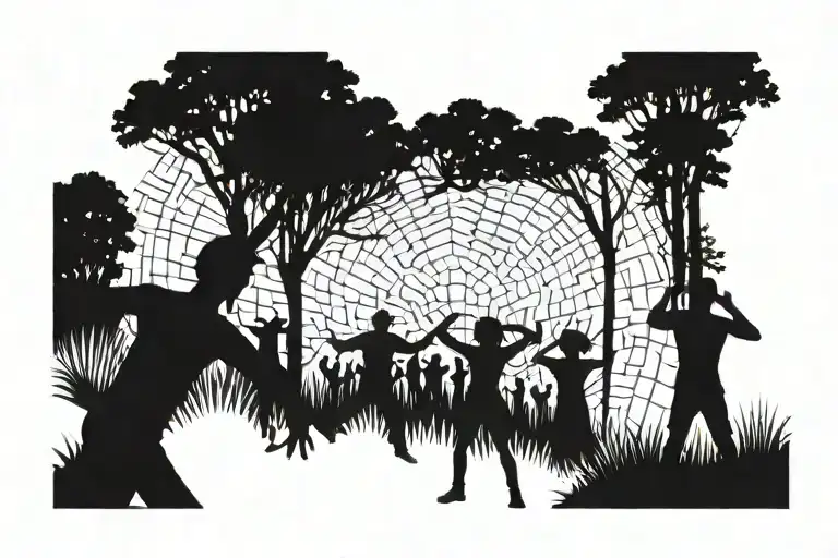 Silhouettes Of People Dancing At A Techno Rave In The Forest At Night