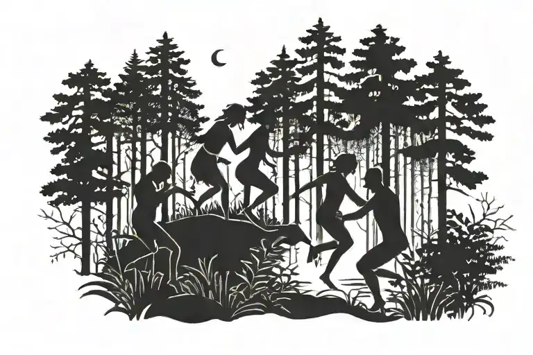 Silhouettes Of Young People Dancing In The Forest At Night