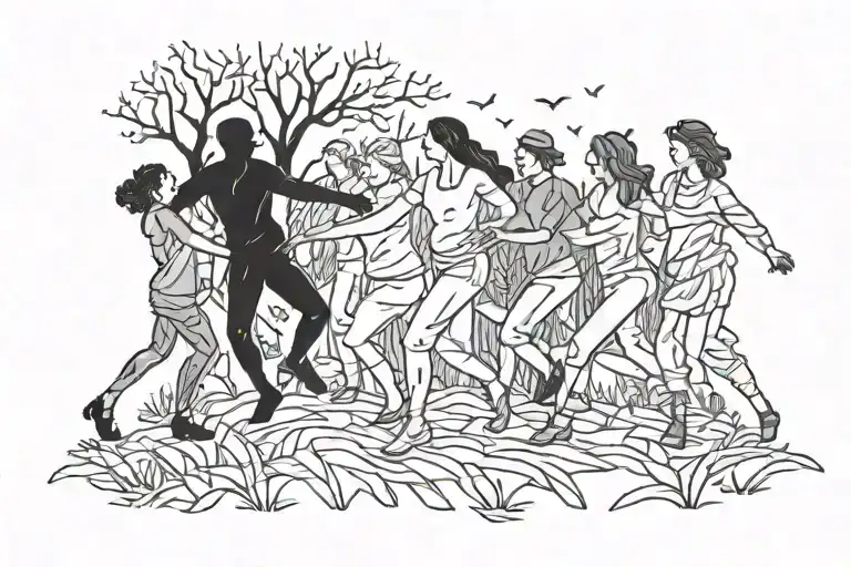 Silhouettes Of A Large Group Of Young People Dancing In The Forest At Night
