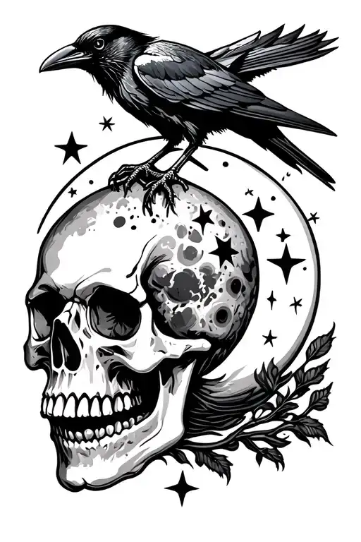 Crow Perched Atop Skull With Moon And Stars Intertwined