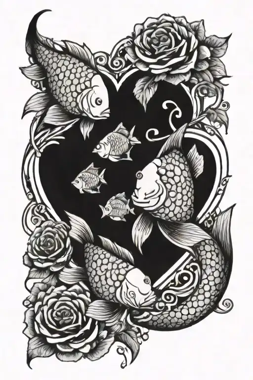 2 Coy Fish Around Roses And A Heart