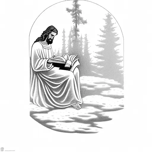 A Detailed Silhouette Of Jesus Reading A Book Under A Majestic Tree Near The Ocean