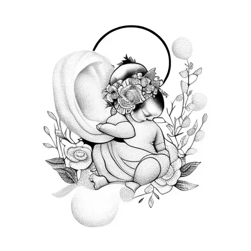 A Blackwork Design Of A Nursing Baby Surrounded By Floral Elements