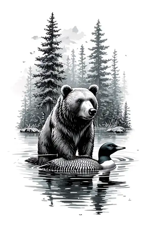 Bear In The Forest And A Loon In Water