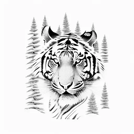 A Fierce Tiger Climbing A Mountain Peak Surrounded By Pine Trees