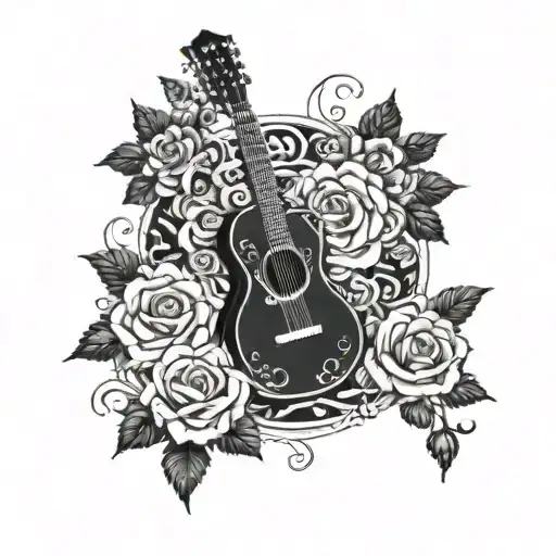 A Guitar And Roses Intertwined In A Beautiful And Intricate Design