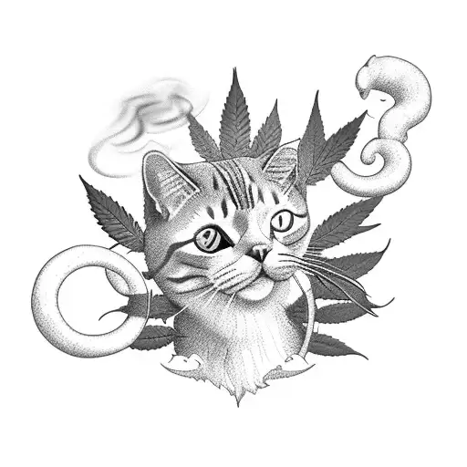 A Cat Blowing Smoke Rings In The Shape Of Cannabis Leaves
