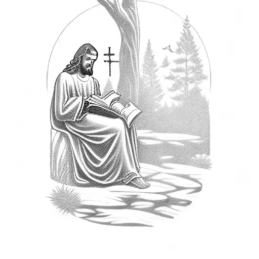 A Detailed Silhouette Of Jesus Reading A Book Under A Majestic Tree Near The Ocean