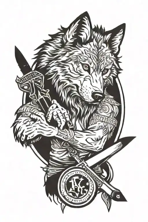 Wolf With A Knife On His Back In A Pack Circle