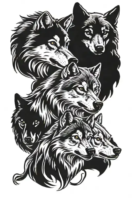 A Wolf With A She-wolf And Two Wolf Cubs