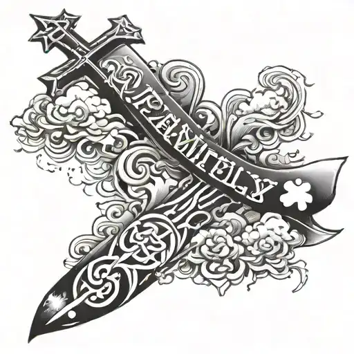 A Forearm Sleeve Tattoo With A Cross And The Word Family And Clouds All Over The