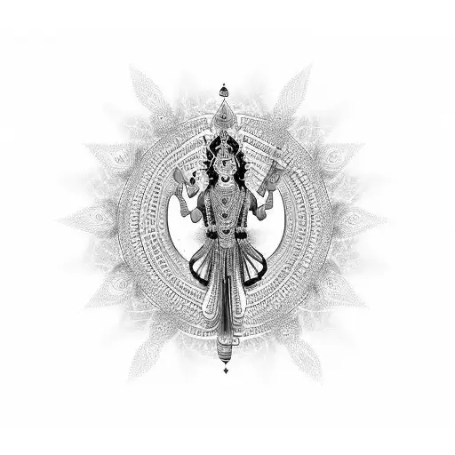A Geometric Representation Of Lord Krishna Playing His Flute Surrounded By Peacock Feathers